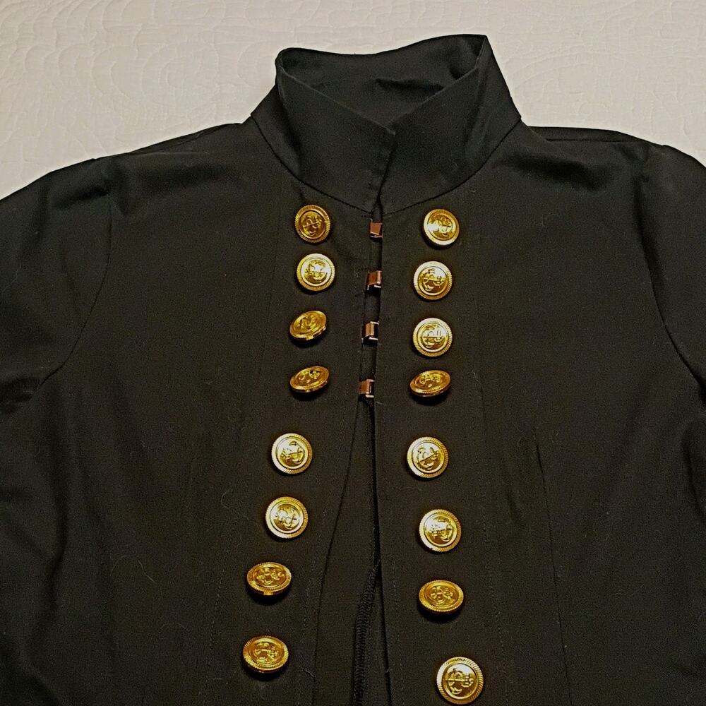 OrderPlus Military Jacket Womens M Black Gold Buttons Mid-Length Collared